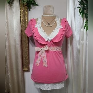 ♡ Y2K ♡ Hollister Pink Ruffle V Neck Babydoll Top Short Sleeve